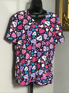 Divine Stretch by JDM Large Heart Print V-Neck Scrub Top